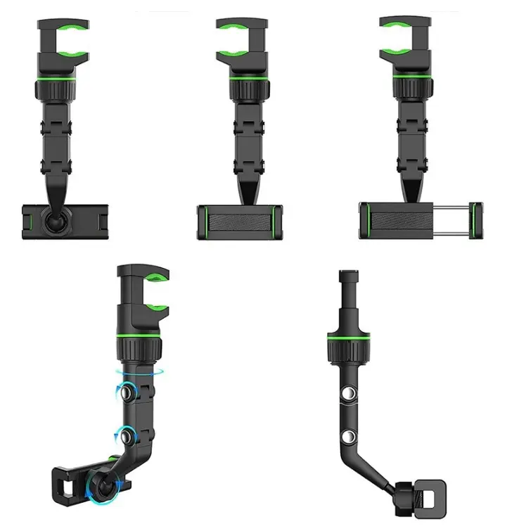 Set de tres soportes negros ajustables con pinza y detalles verdes para partituras y celulares en vivo.