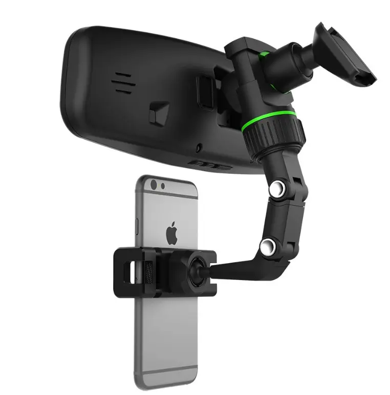 Soporte para celular flexible color negro montado en atril o soporte musical, sosteniendo un smartphone verticalmente.