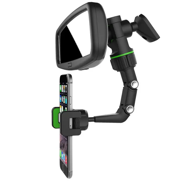 Soporte flexible negro con verde para celular y espejo retrovisor, brazo articulado y pinza de sujeción para atril de música.