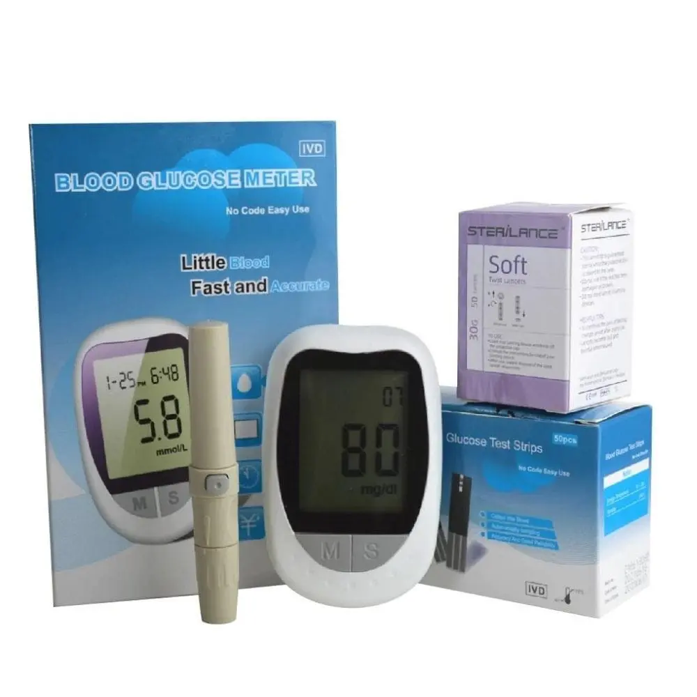 Kit de glucómetro digital blanco con pantalla grande, lancing, lancetas Sterilance Soft y tiras reactivas.