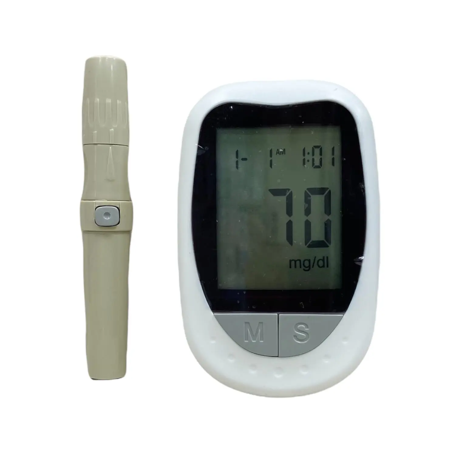 Kit de glucómetro digital blanco con pantalla grande, muestra 70 mg/dl y fecha, acompañado de un dispositivo lancetero beige.