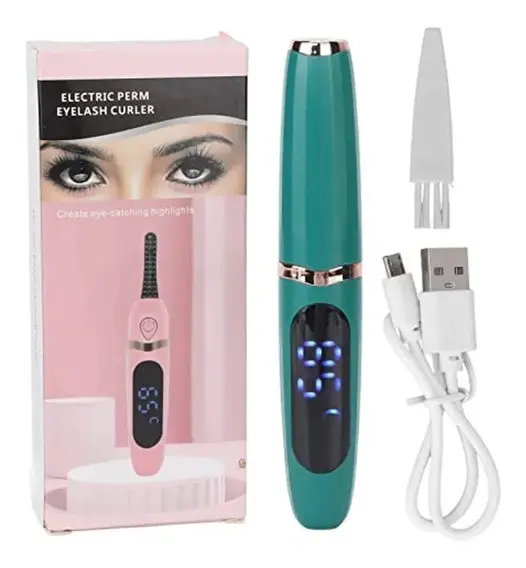 Encrespador eléctrico de pestañas color verde con pantalla digital, caja rosa, punta de repuesto blanca y cable de carga USB.