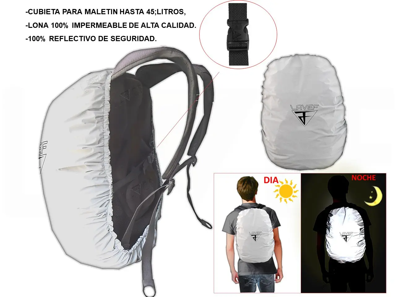 Cubierta impermeable reflectiva gris para maletín hasta 45 litros con hebilla de ajuste y detalle de alta visibilidad nocturna.
