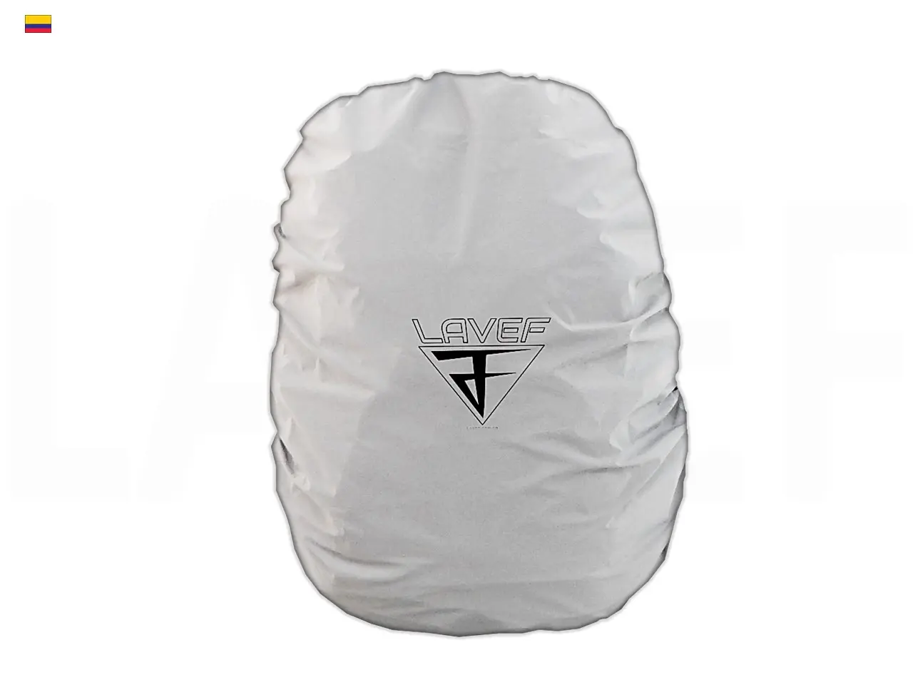 Forro impermeable reflectivo blanco para maletín Lavef con logo negro central y textura arrugada resistente al agua.