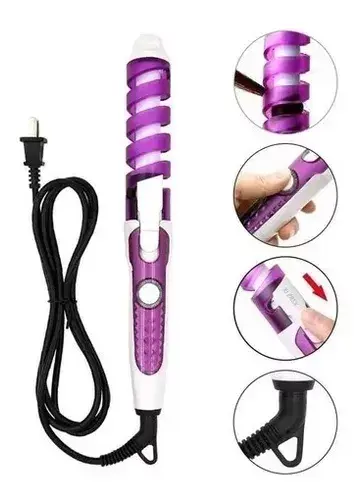 Pinza rizadora de cabello blanca con guía espiral morada y cable negro, acompañada de cuatro círculos con detalles de uso.