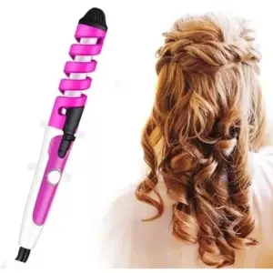 Pinza rizadora de cabello en espiral color rosa y blanco, diseño ergonómico con botón de encendido, al lado muestra melena rubia con rizos definidos.