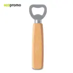 Destapador de acero inoxidable con mango de madera de haya en acabado natural, vista frontal centrada sobre fondo blanco.