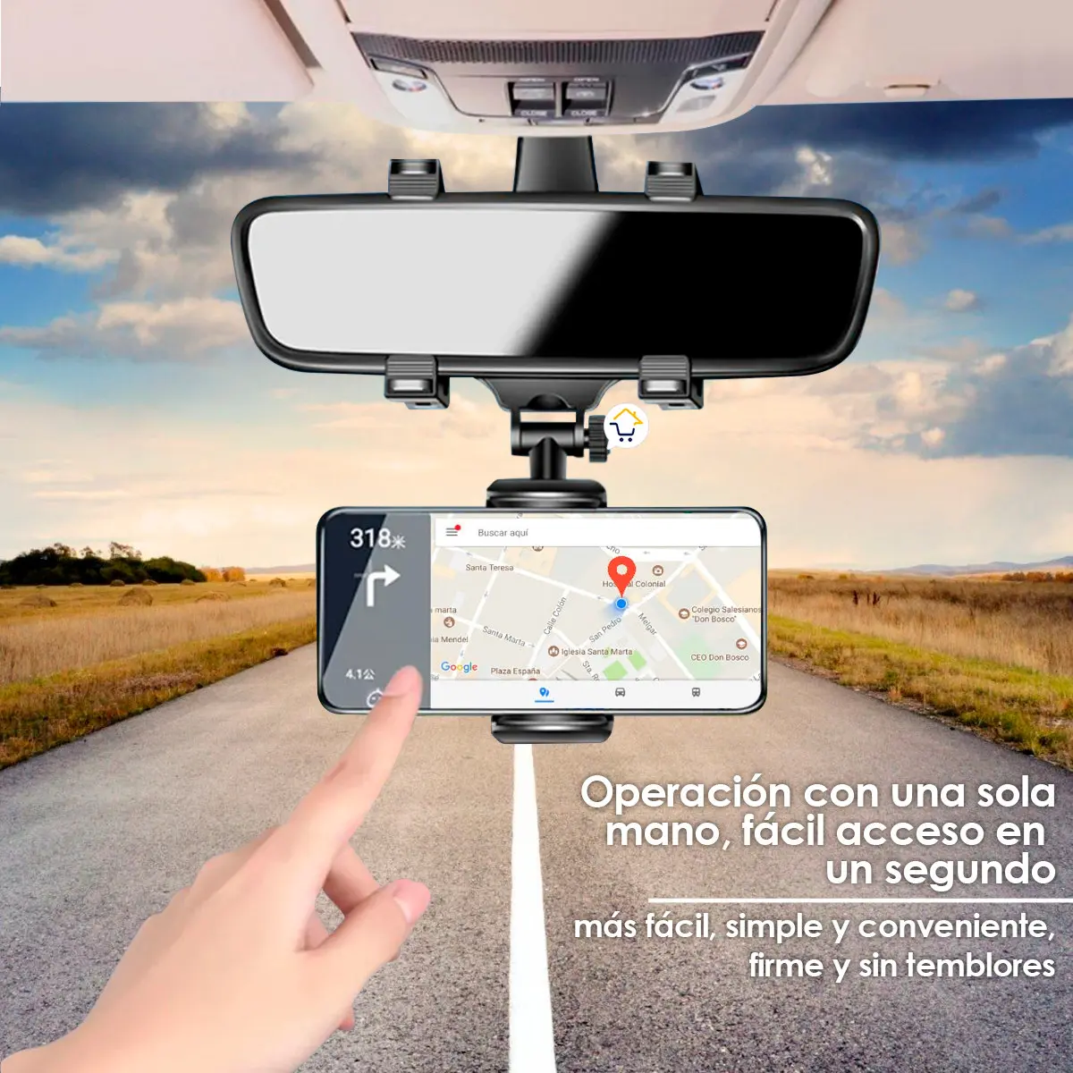 Soporte de espejo retrovisor negro para celular con navegación GPS, diseñado para un manejo fácil y seguro con una sola mano en el auto.