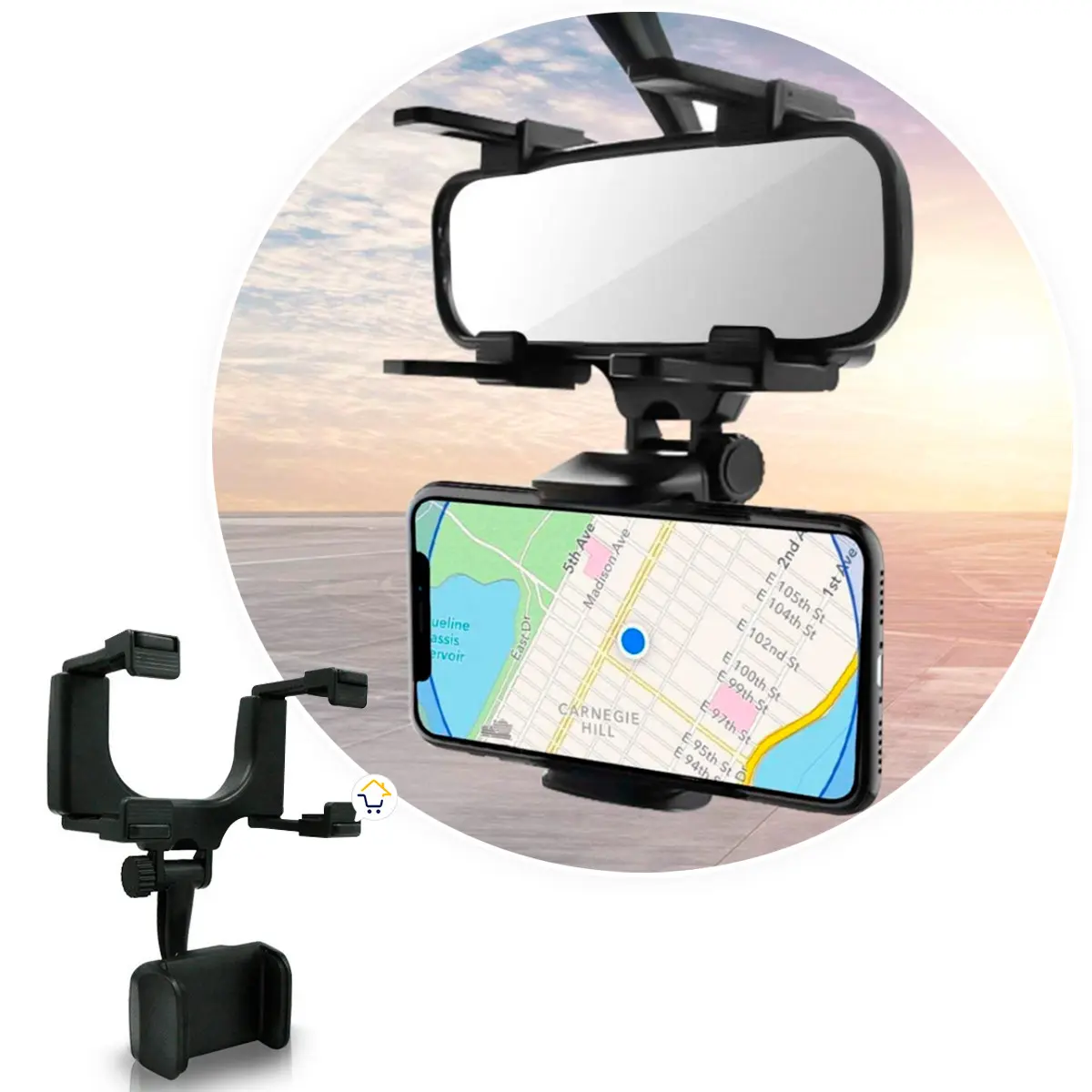 Soporte negro para celular de carro montado en el retrovisor con un smartphone y la pieza de sujeción por separado.
