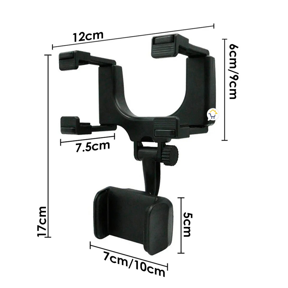 Soporte negro para móvil de coche con medidas: 17cm de alto, 12cm de ancho, apertura de 6 a 9cm y base ajustable de 7 a 10cm.