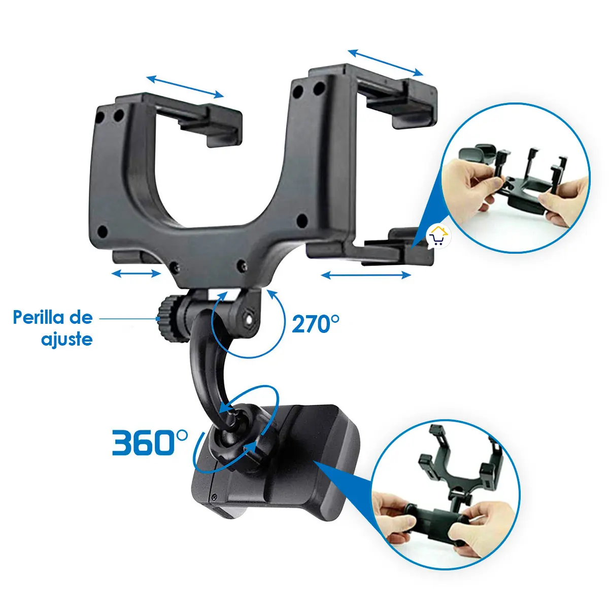 Soporte de celular negro para carro con rotación de 360°, brazo de 270° y cabezal ajustable. Incluye perilla de ajuste y piezas desmontables.
