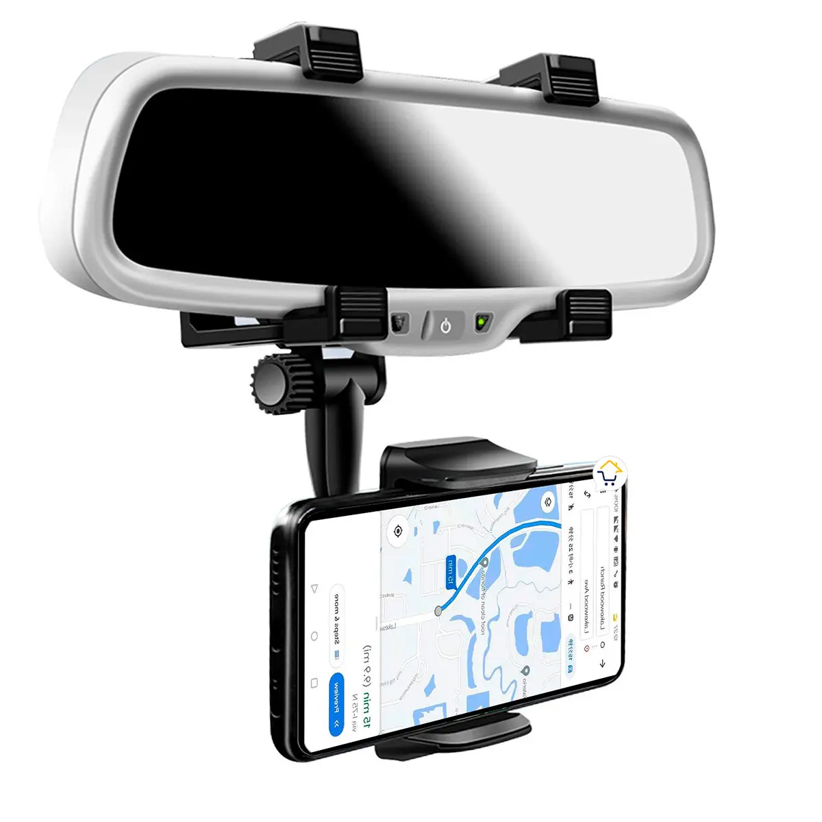 Soporte de celular negro para espejo retrovisor con brazo ajustable, mostrando un smartphone con mapa de navegación GPS.