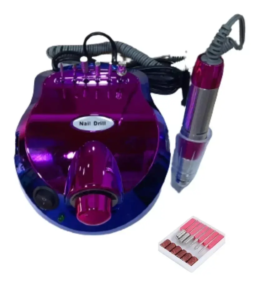 Torno pulidor de uñas profesional morado metalizado con base de control, pieza de mano con cable, soporte y estuche con puntas y bandas de lija.