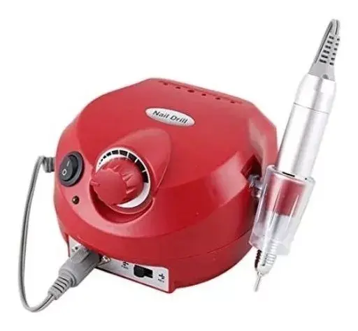 Torno pulidor de uñas eléctrico profesional color rojo con unidad central, perilla de control de velocidad, interruptor y pieza de mano metálica con soporte lateral.