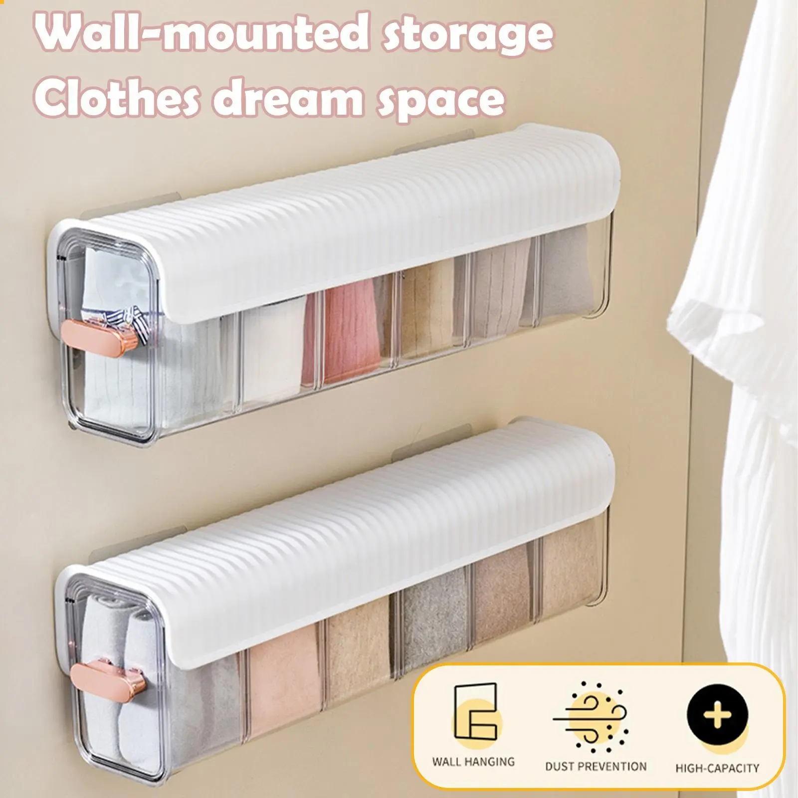 Set de dos organizadores de pared con tapa blanca acanalada y frente transparente para clasificar ropa interior en compartimentos individuales.