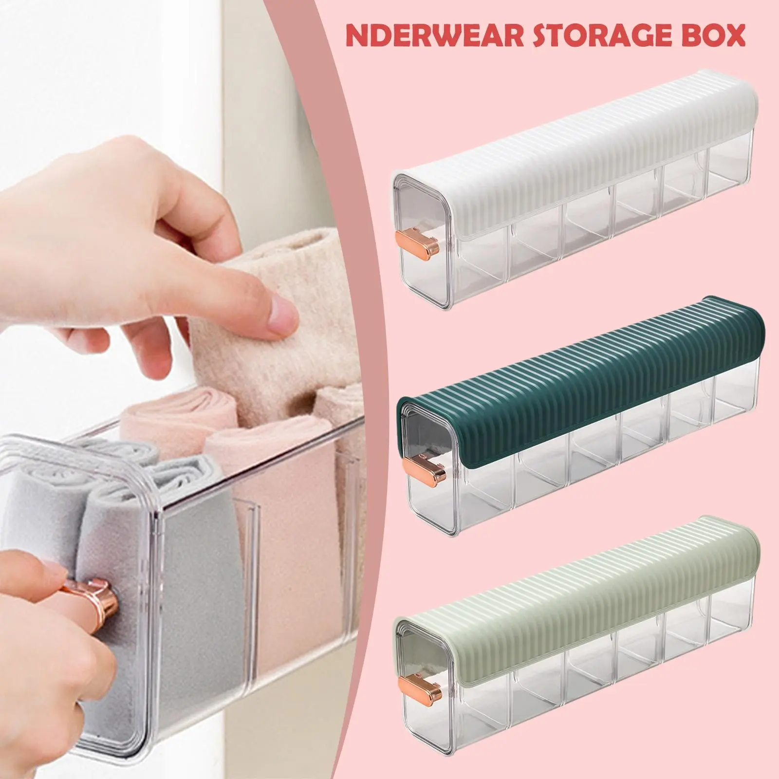 Organizadores de ropa interior transparentes con tapas acanaladas en blanco, verde oscuro y menta, usados para guardar prendas enrolladas.