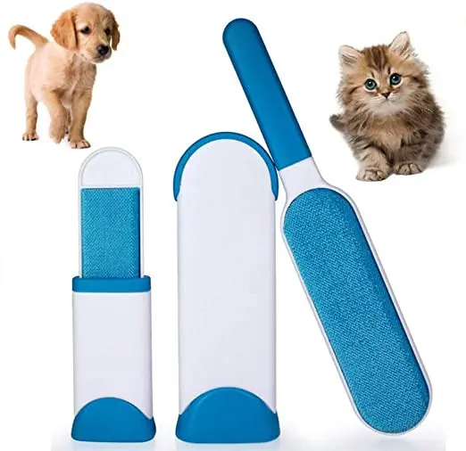 Cepillo azul y blanco para eliminar pelos de mascotas en ropa y muebles, incluye base de autolimpieza.