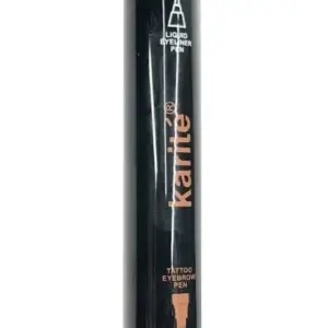Lápiz de doble punta para cejas y delineador líquido negro con acabado brillante y marca en letras doradas.
