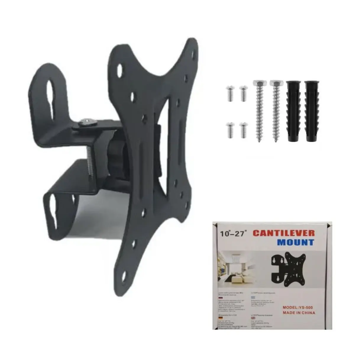 Soporte de pared cantilever negro para pantallas de 10 a 27 pulgadas. Incluye tornillos, anclajes y empaque. Vista lateral del soporte metálico.