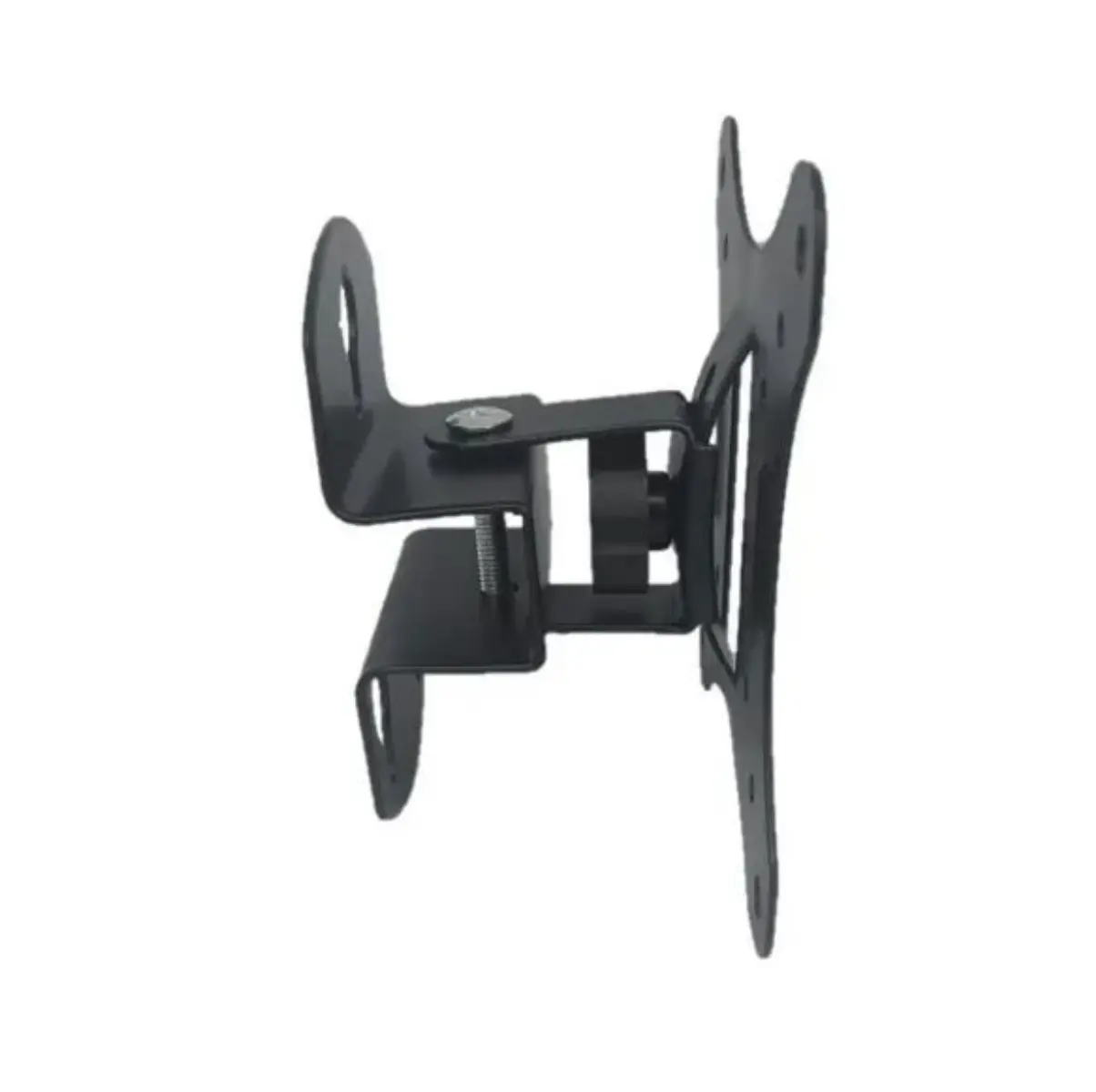 Soporte de pared metálico negro para monitor o televisor de 10 a 27 pulgadas, con mecanismo de inclinación visto de perfil.
