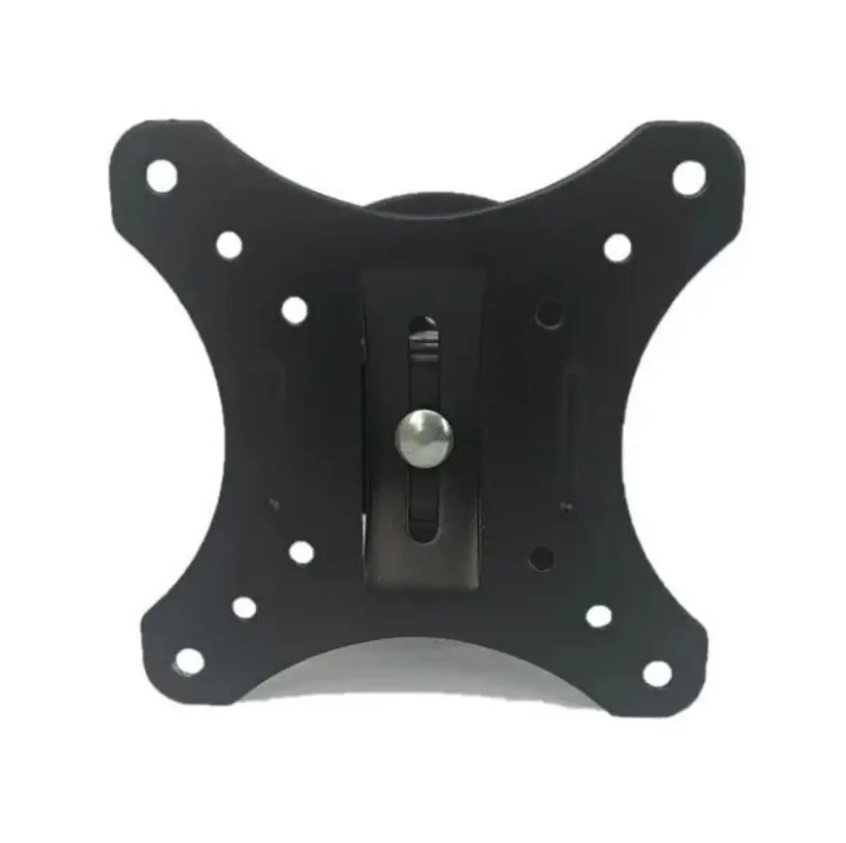Soporte de pared metálico color negro, con diseño en equis, orificios VESA y mecanismo de ajuste central para monitor o televisor pequeño.