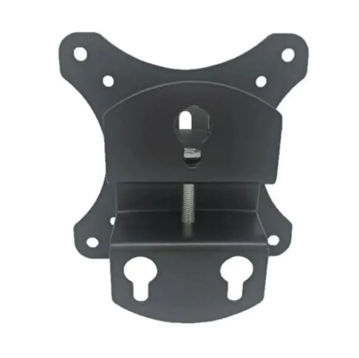 Soporte de pared metálico color negro para monitor y TV, diseño ajustable con perno central y orificios de montaje en cruz y base.