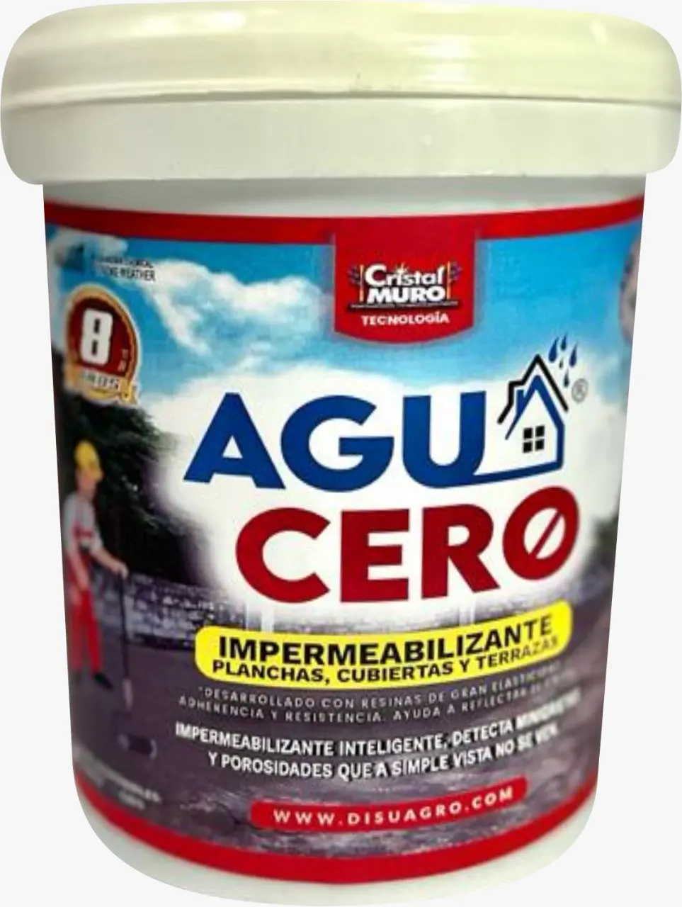 Envase cilíndrico blanco con tapa del producto Agu Cero, impermeabilizante transparente para techos y terrazas, con etiqueta azul y roja.