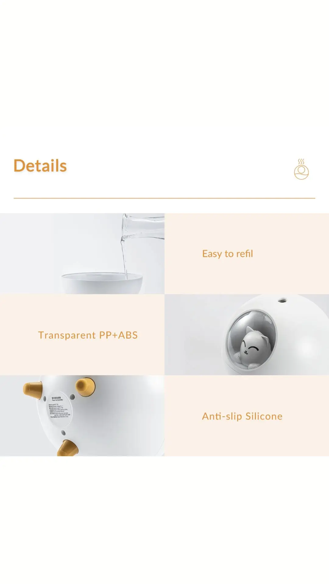 Humidificador ultrasónico portátil blanco con diseño de gato, mostrando detalles de llenado, material transparente ABS y patas de silicona antideslizantes.