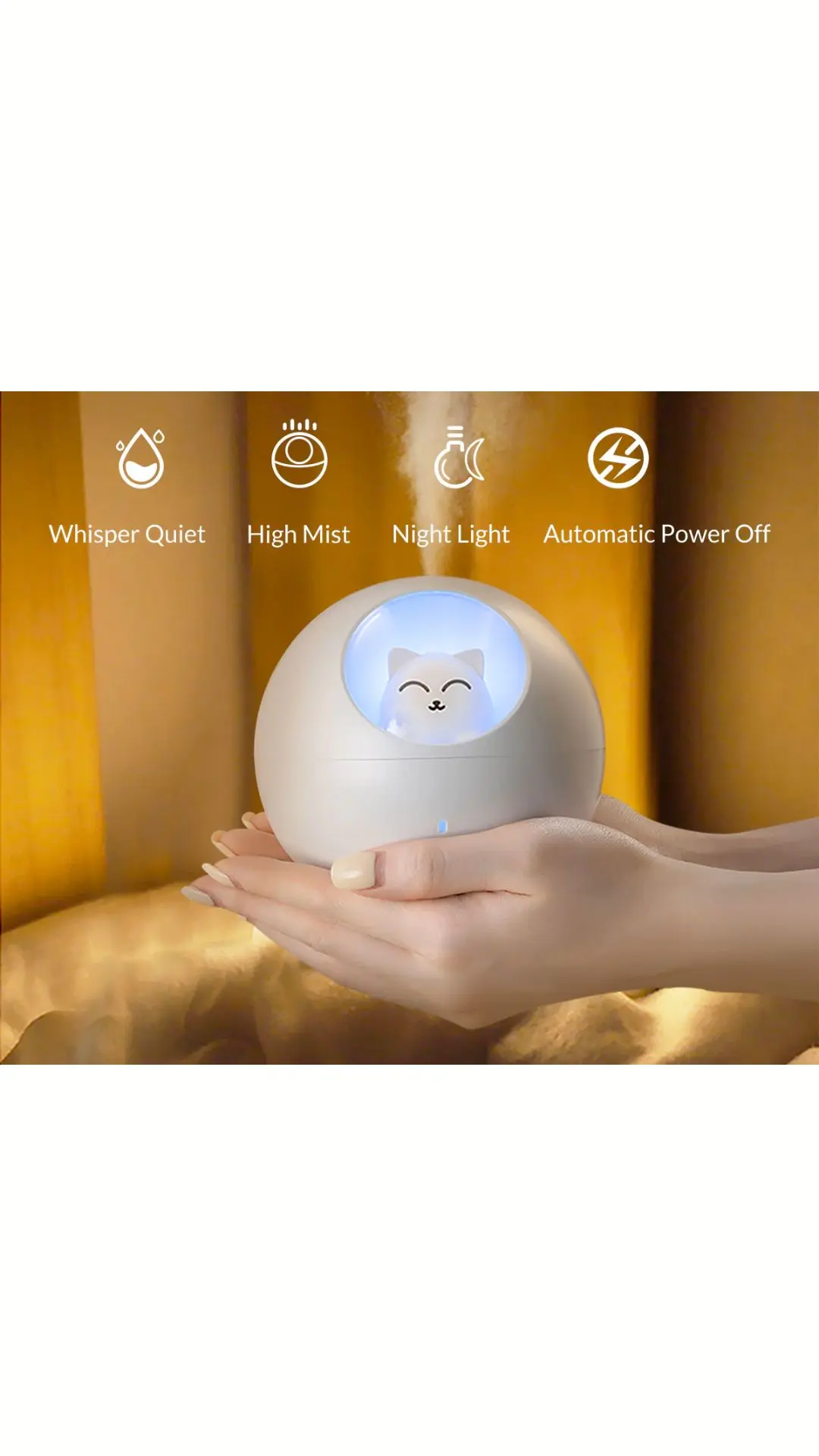 Humidificador ultrasónico portátil blanco con diseño de gato y luz nocturna azul, sostenido en dos manos sobre fondo dorado.