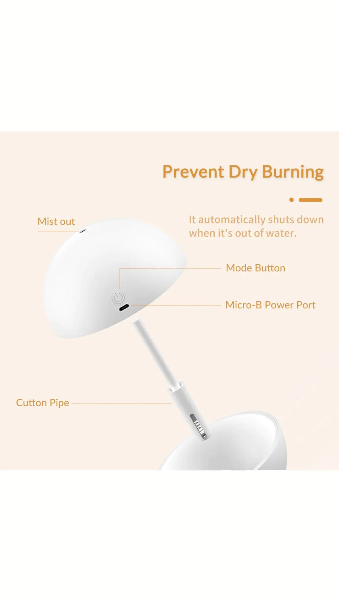Humidificador ultrasónico portátil blanco desmontable con filtro de algodón interno, puerto de carga y botón de encendido visible