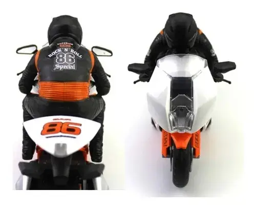 Moto a control remoto con piloto en blanco, negro y naranja. Muestra vista trasera con número 86 y vista frontal del juguete.