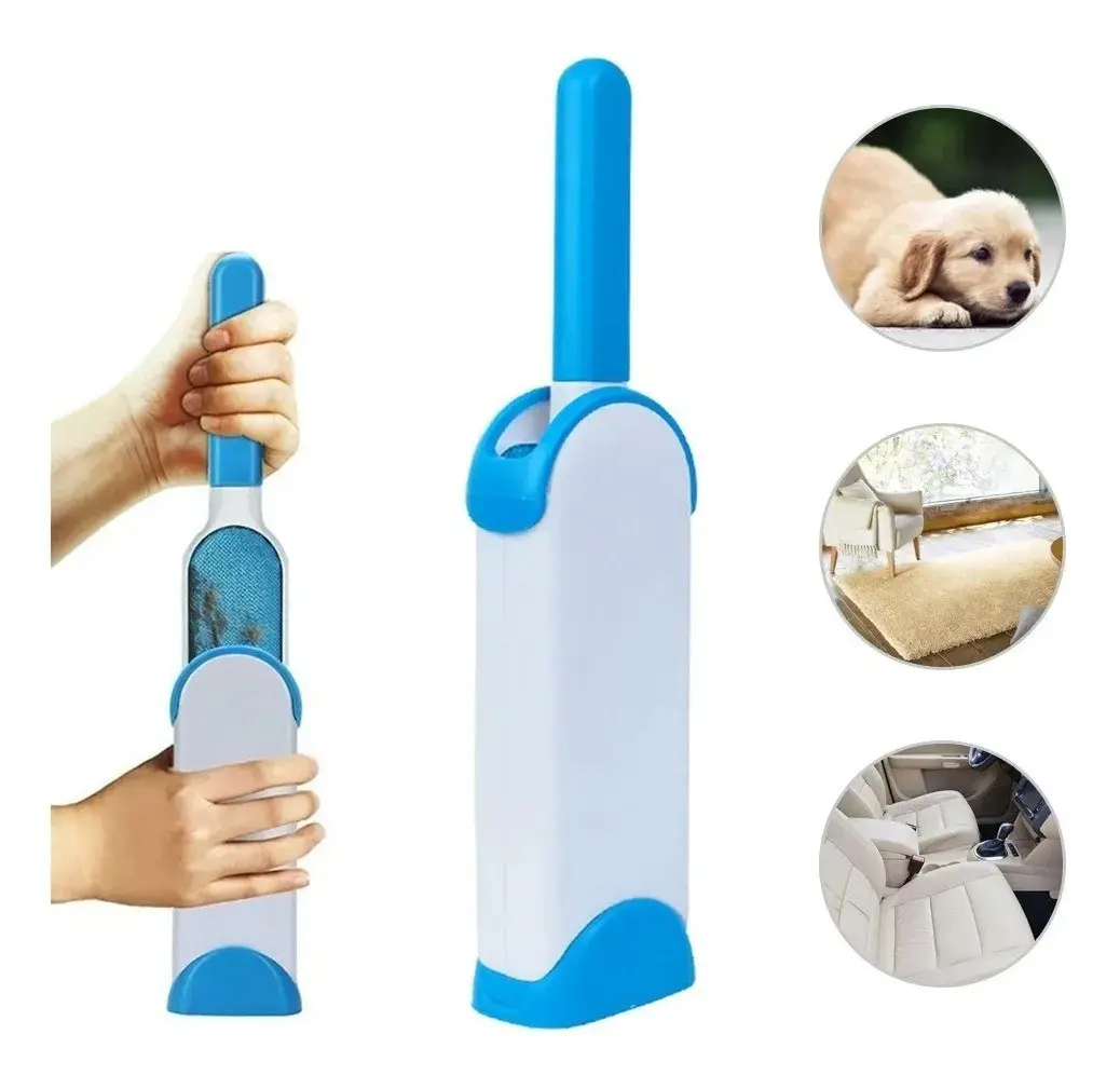Cepillo azul y blanco quita pelos de mascotas con base de autolimpieza, mostrando su uso en ropa, muebles y autos.