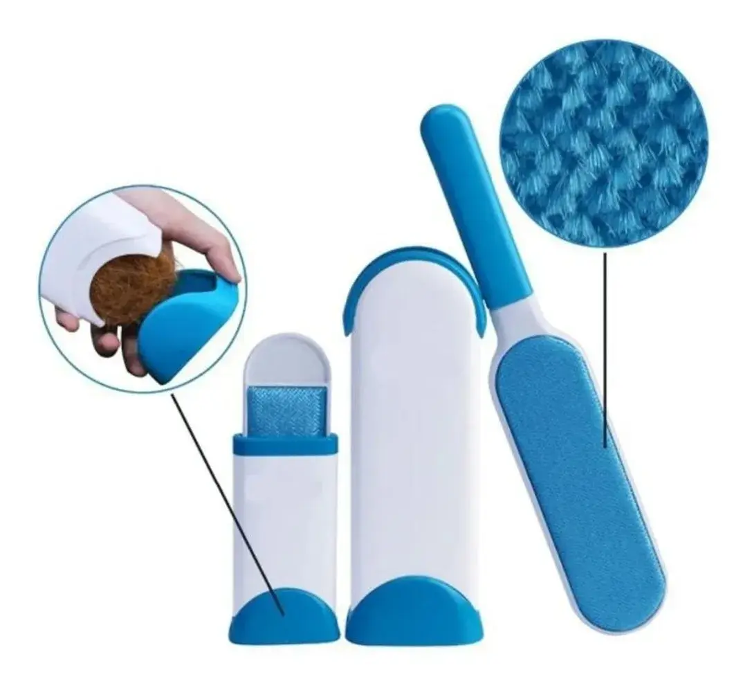 Cepillo quita pelos azul y blanco con base autolimpiable, cerdas microfibra y estuche de almacenamiento para ropa y muebles