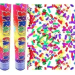 Dos cañones spray con diseño colorido y una explosión de confeti multicolor con formas de estrellas y rectángulos.