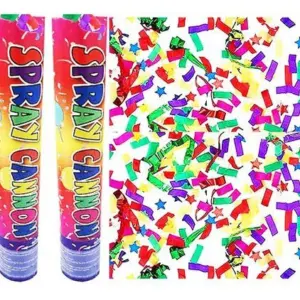 Dos cañones spray con diseño colorido y una explosión de confeti multicolor con formas de estrellas y rectángulos.