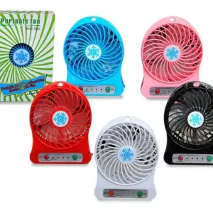 Mini ventiladores portátiles con diseño de copo de nieve en colores azul, rosa, rojo, blanco y negro junto a su caja de empaque.