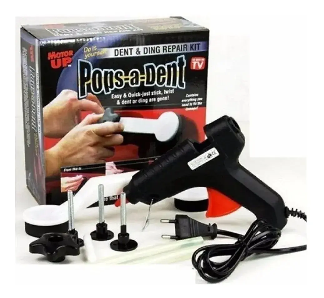Kit saca golpes Pops-a-Dent para auto con caja, pistola de pegamento negro, puente arqueado blanco, pernos roscados y barras de silicona transparentes.