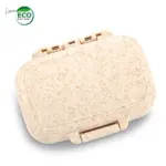 Pastillero compacto de fibra de trigo color beige con textura moteada, diseño rectangular con tapa abatible y cierre de seguridad.