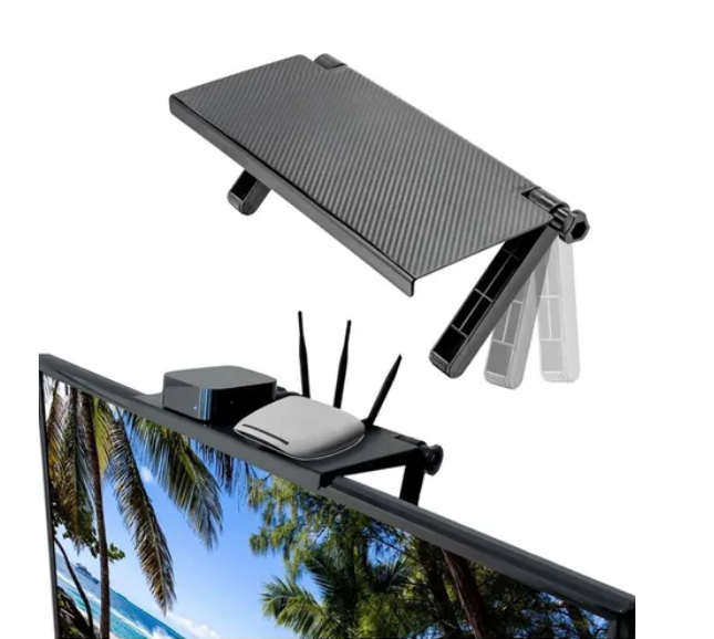 Repisa soporte flotante negra texturizada para TV y monitor, montada en la parte superior con un pequeño enrutador y dispositivo multimedia.
