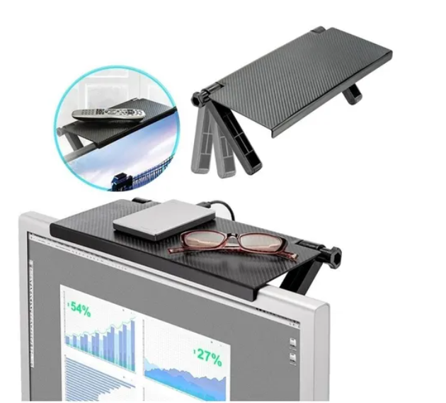 Repisa soporte flotante negra texturizada para monitor y TV, con patas ajustables, ideal para organizar objetos pequeños en la pantalla.