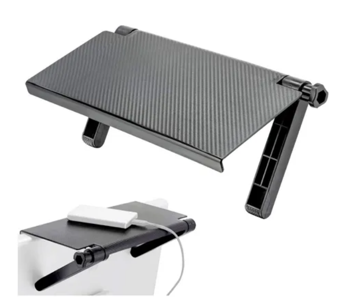 Repisa superior negra texturizada con dos patas ajustables y perillas laterales para instalar en monitores o pantallas sin perforar