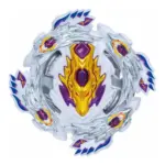 Beyblade Burst Bloody Takara Tomy blanca y dorada con detalles en morado y plateado, diseño circular con dragones y centro metalizado.