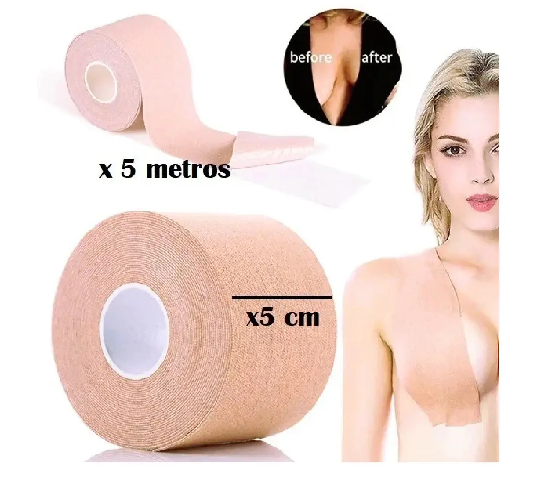 Cinta adhesiva corporal color piel en rollo de 5 cm de ancho por 5 metros de largo, usada para realzar el busto con escote invisible.