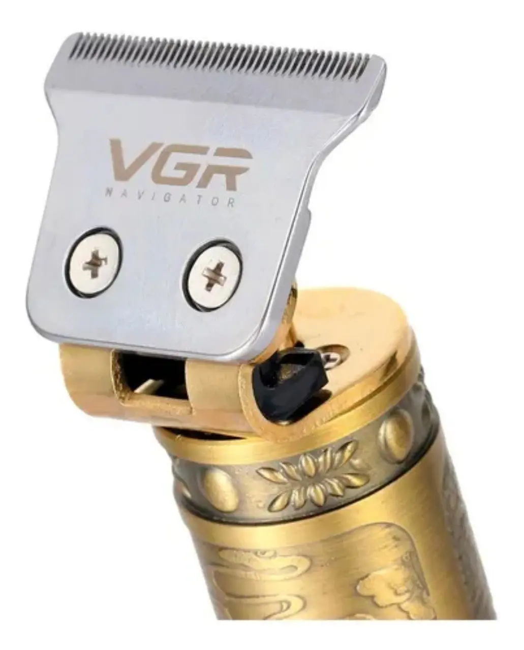 Cortadora de cabello profesional VGR Navigator con cuchillas plateadas y cuerpo dorado con grabados ornamentales.