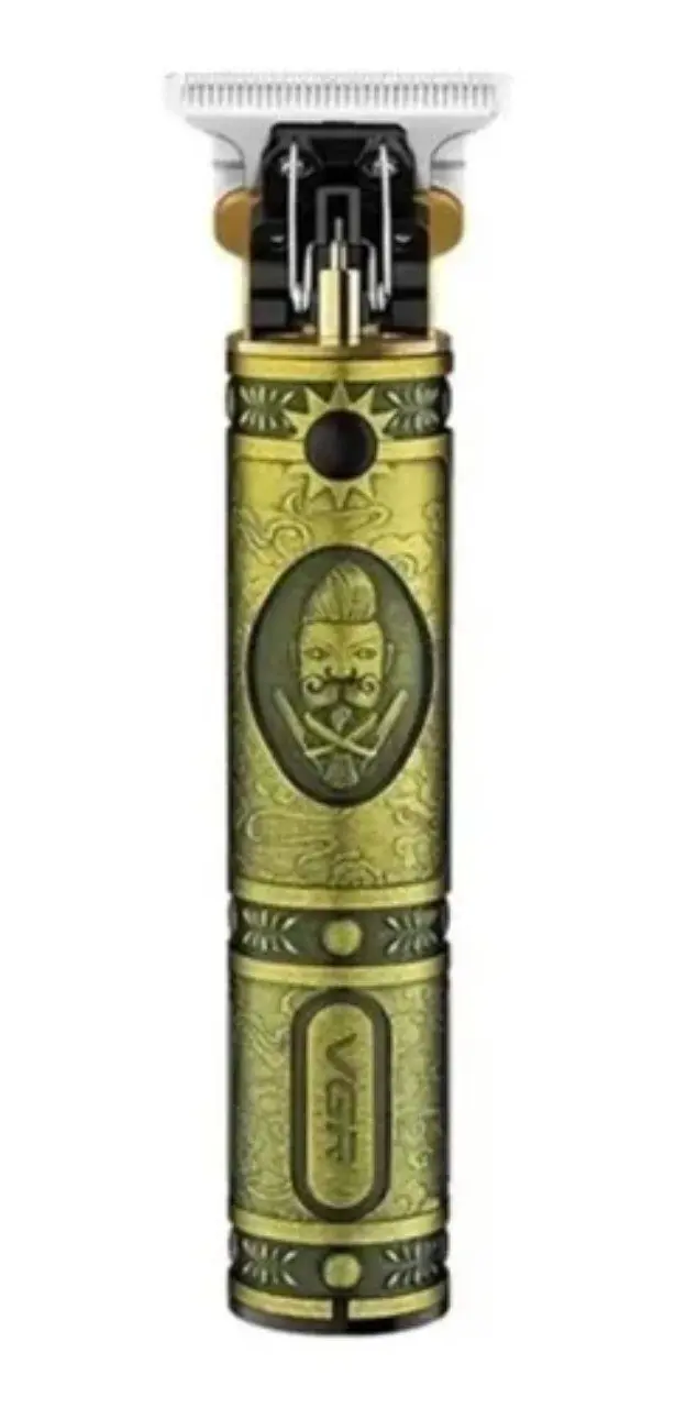 Cortadora de cabello profesional VGR color dorado con diseño vintage ornamentado y emblema central de un hombre con bigote.