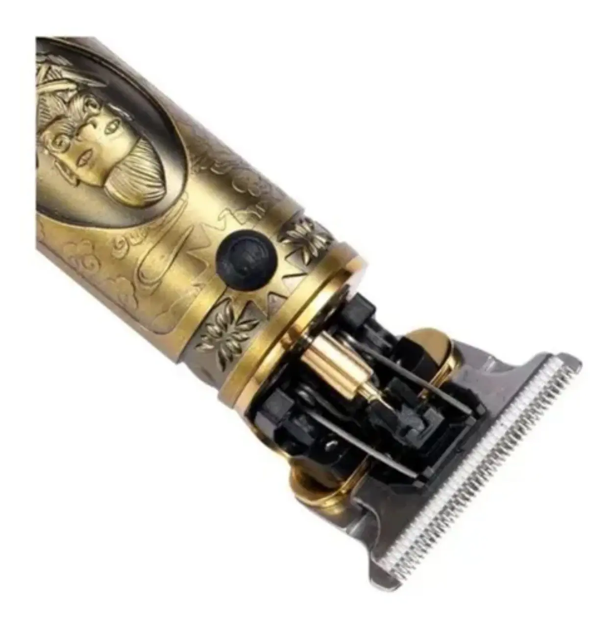 Cortadora de cabello inalámbrica en metal dorado con diseño grabado de rostro, interruptor negro y cabezal T con cuchillas de alta precisión visibles.