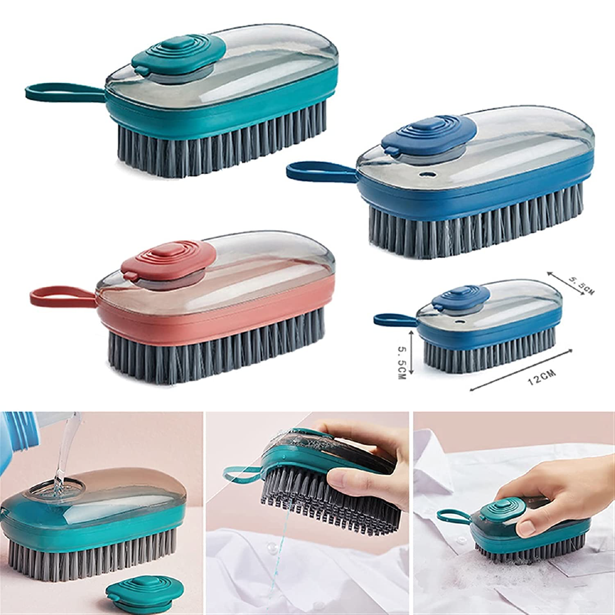 Cepillo dosificador de jabón en verde, azul y rosa con dispensador y cerdas grises; incluye medidas de 12 cm de largo y uso en ropa.