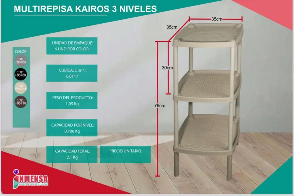 Multirepisa plástica beis de 3 niveles con medidas de 76 cm de alto y 35 cm de ancho, diseño compacto para organizar espacios en el hogar.