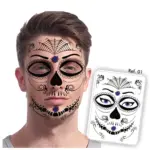 Tatuaje temporal de Catrina para rostro con diseño de telaraña, flores y detalles negros estilo mexicano, incluye lámina de aplicación referencia 01.