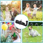 Máquina de burbujas automática negra con ocho salidas y mango ergonómico, ideal para crear cientos de burbujas en fiestas infantiles y eventos.
